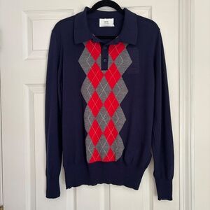 Ami Alexandre Mattiussi Navy Blue Grey Red Men’s Argyle Wool Sweater NWT Size L